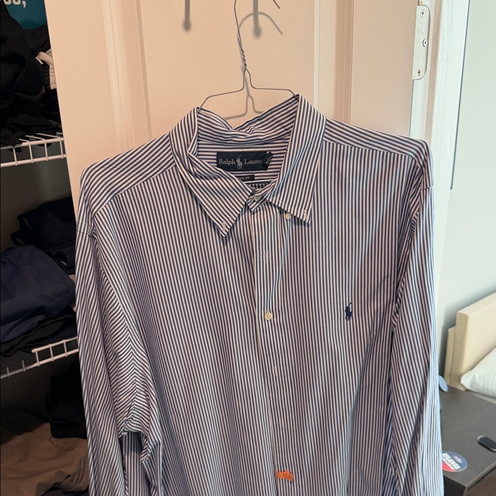 Ralph Lauren Men's Navy and White Striped Dress Shirt